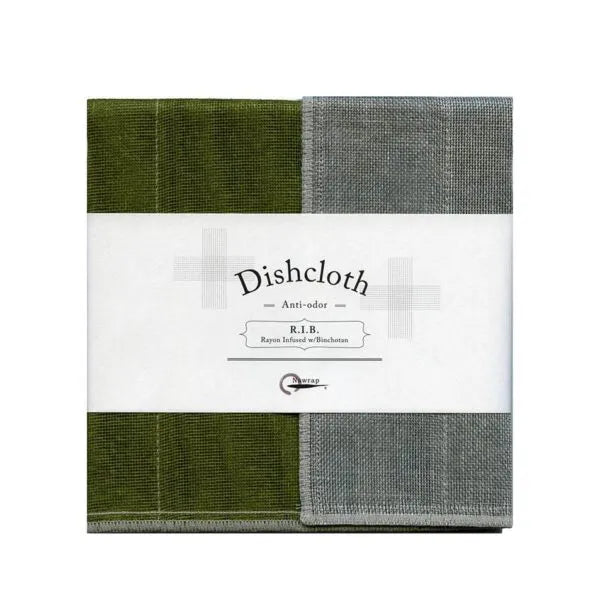 Green and grey anti-odor dishcloths in paper packaging, labeled rayon infused with binchotan.