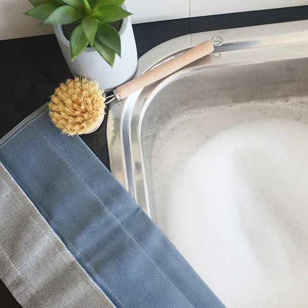 Blue linen tea towel beside kitchen sink with dish brush and green plant on countertop