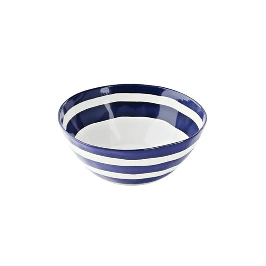Ceramic bowl with blue and white stripes, modern kitchenware on white background