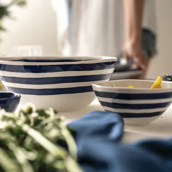 Blue and white striped ceramic bowls on a table with herbs and a cloth nearby