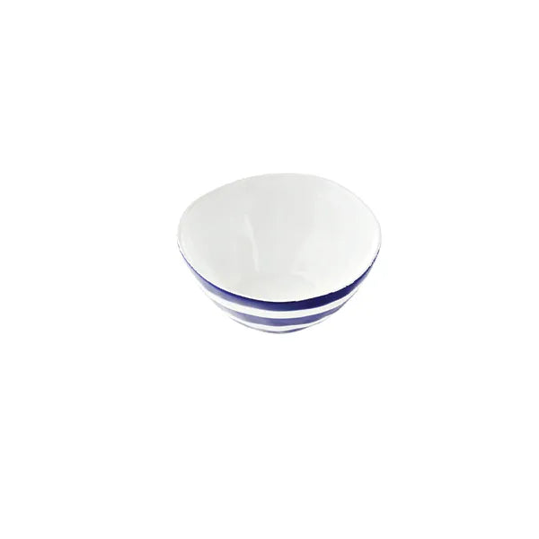 White ceramic bowl with blue stripes, minimalist kitchenware on white background
