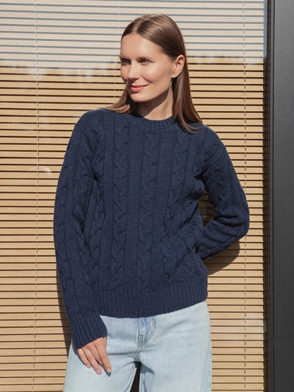 Navy merino and cashmere crew neck sweater with delicate cable.