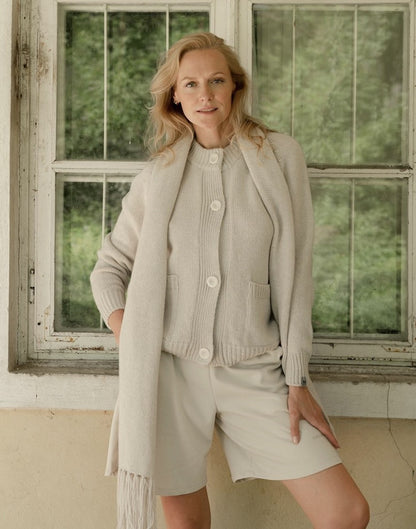 Lady wearing beige cardi