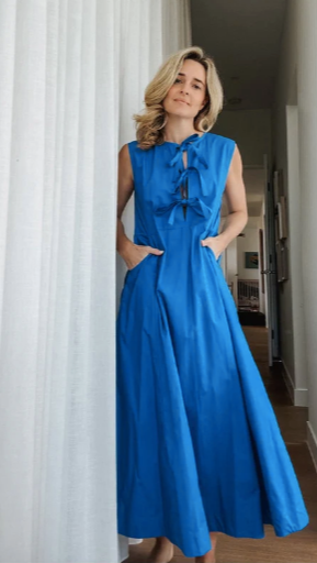 Blue poplin dress maxi dress with front tie details