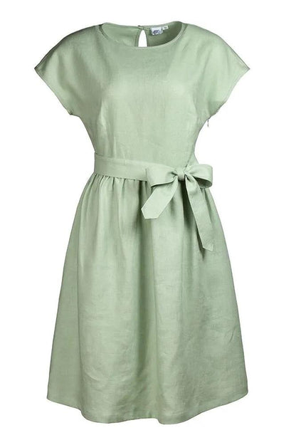 Light green linen dress with short sleeves and waist tie, women's summer clothing