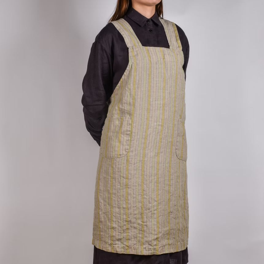 Linen Apron Cross Back Light Green Stripe