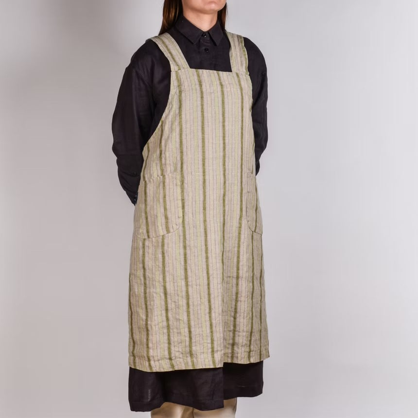 Linen Apron Cross Back Khaki Stripe