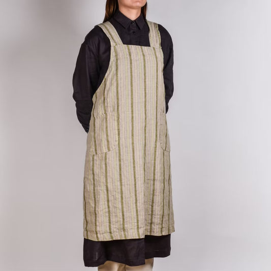 Linen Apron Cross Back Khaki Stripe