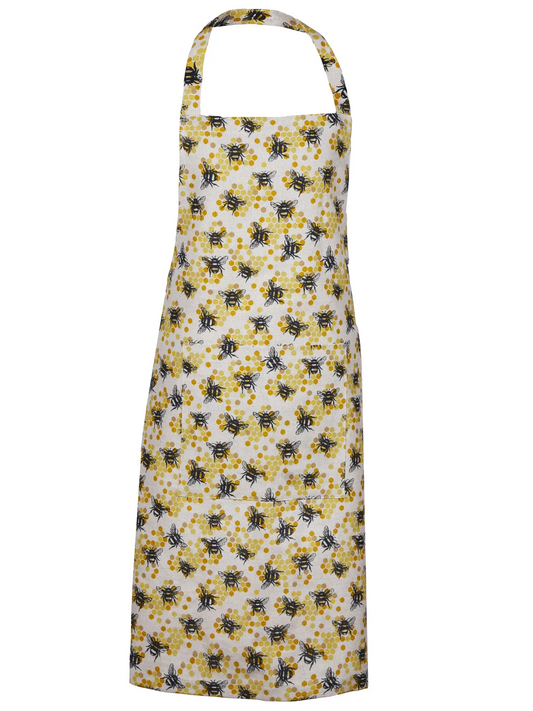 Linen Apron full length with Bee pattern and front pocket.