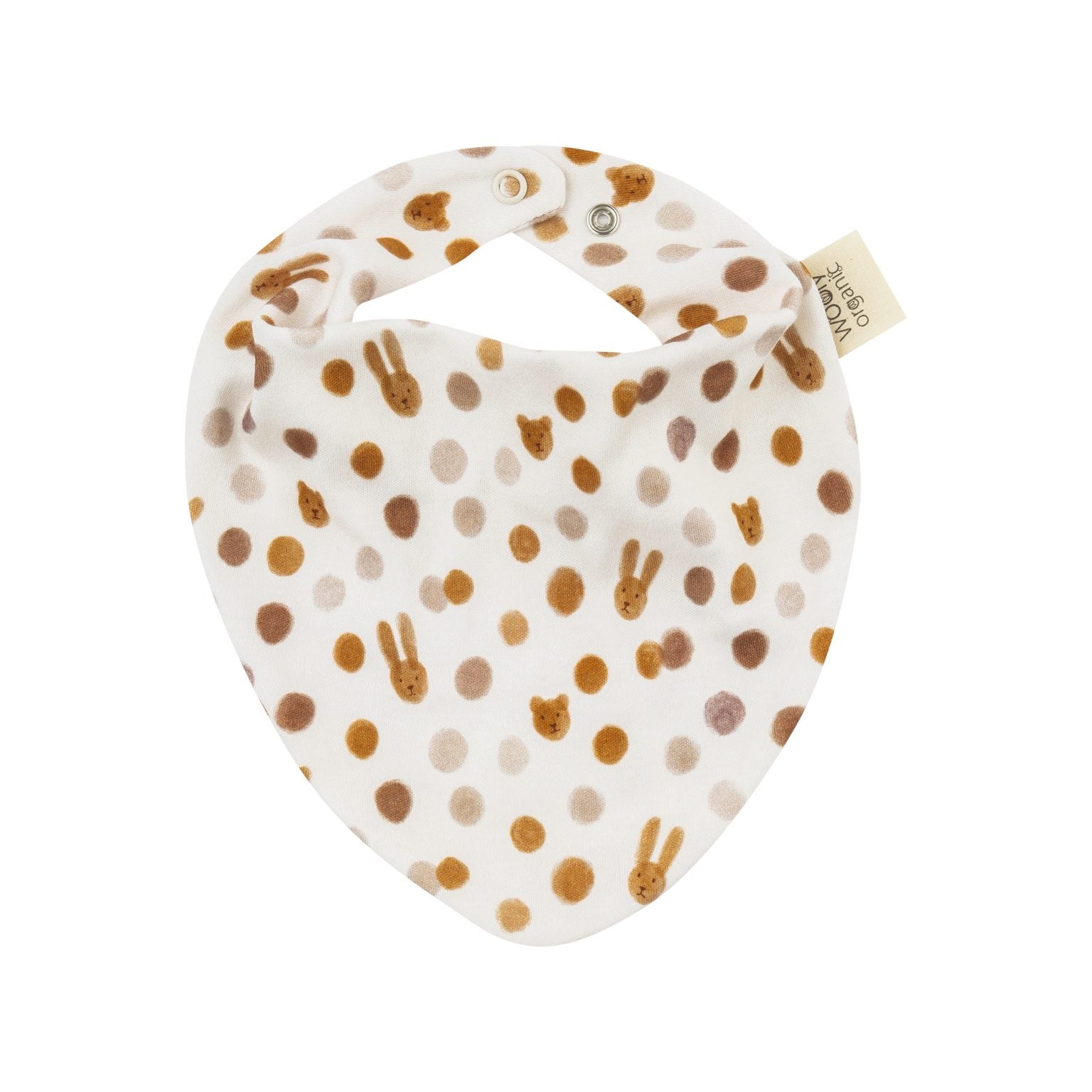 White organic cotton baby bib with caramel polka dots and animal faces, snap closure.