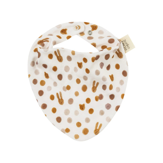 White organic cotton baby bib with caramel polka dots and animal faces, snap closure.