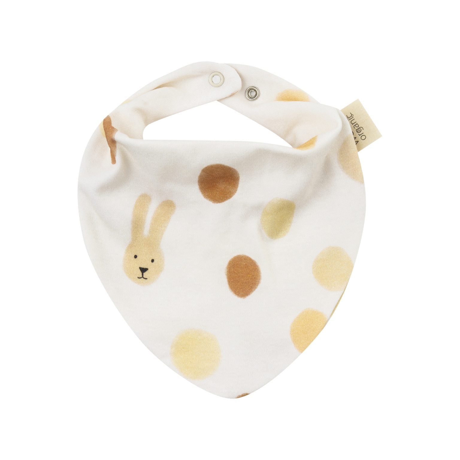 Baby bandana bib with beige dots and bunny print, soft fabric, snap closure