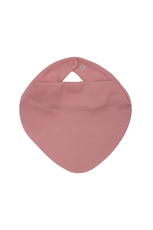 Soft pink linen bib with adjustable snap buttons, displayed on white background