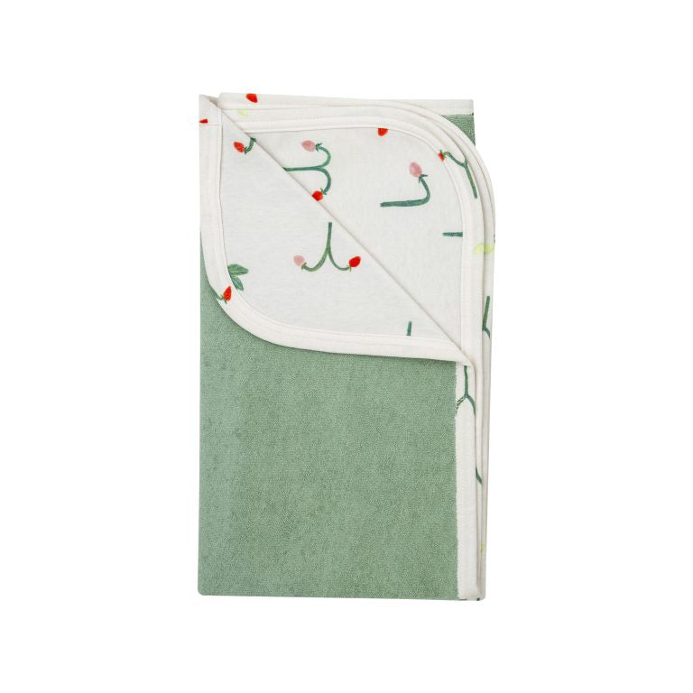 Organic cotton terry blanket green with strawberry garden pattern.