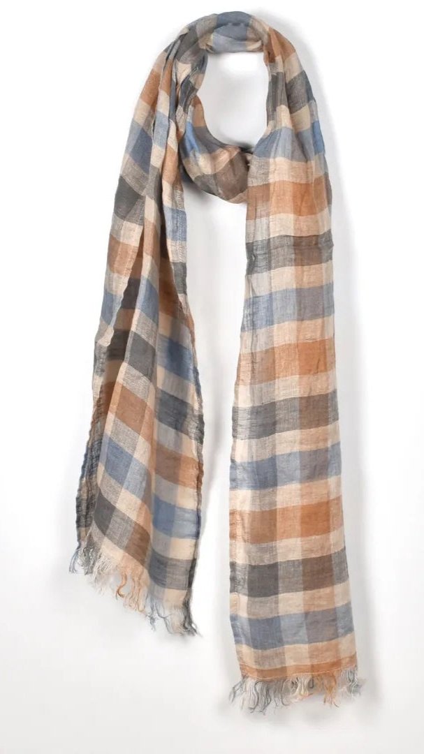 Lightweight linen scarf in blue, tan, and gray checkered pattern with frayed edges