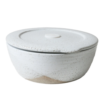 White ceramic container with lid, speckled glaze, minimalist kitchen storage