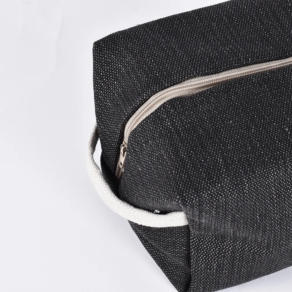 handle of linen cosmetic bag charcoal grey