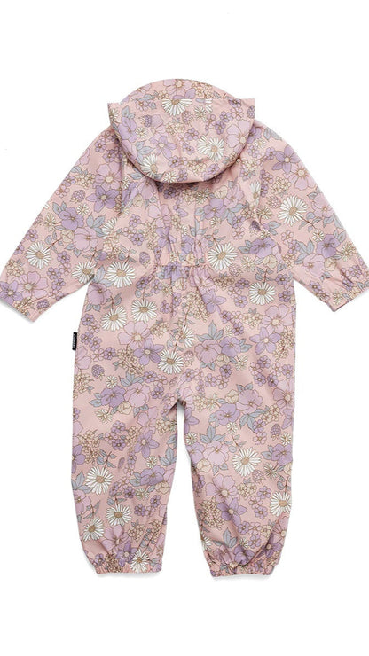 Back view splashsuit all in one waterproof outerwear with elastic gather at the back waist.