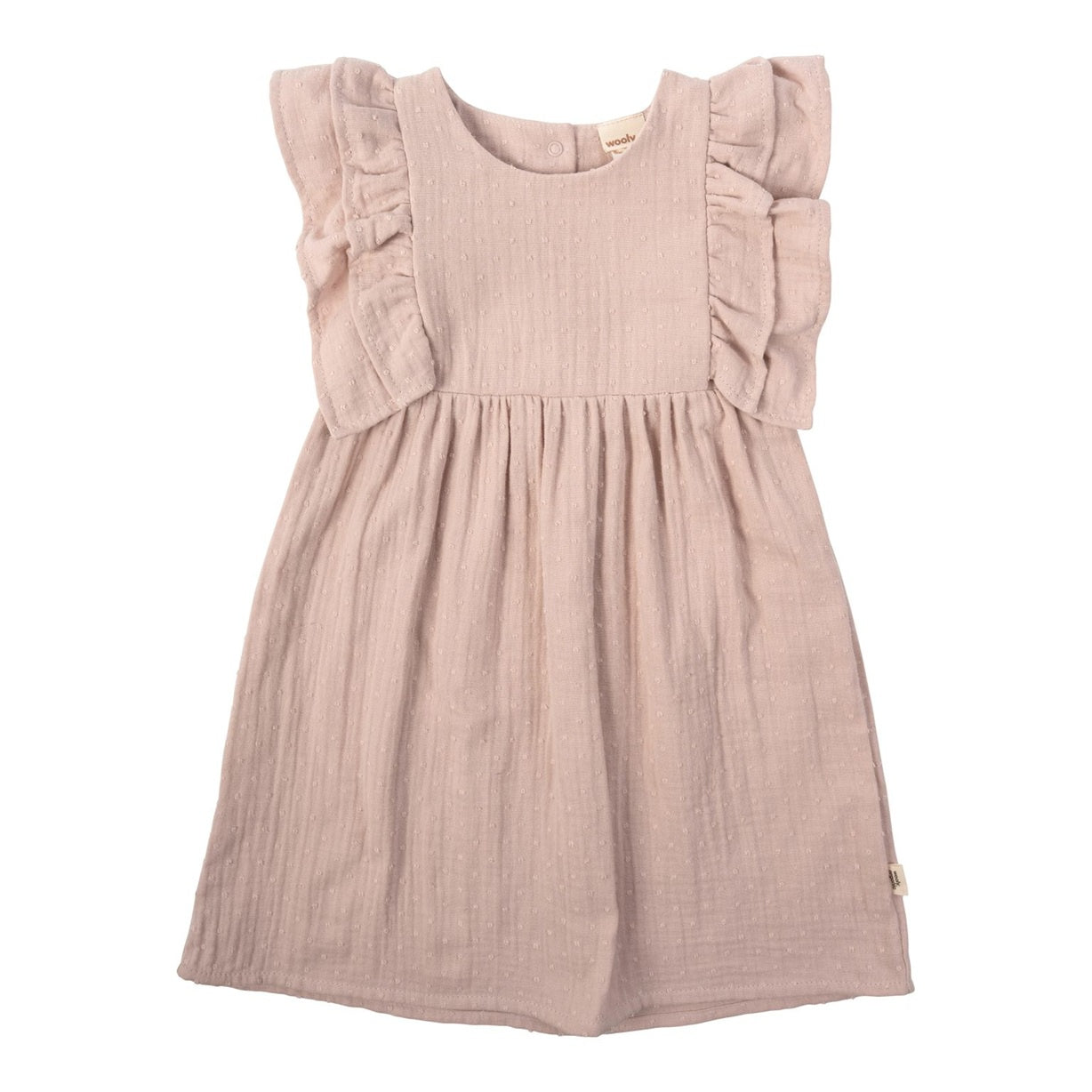 Pink muslin dress with ruffle sleeves.