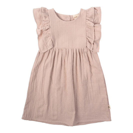 Pink muslin dress with ruffle sleeves.