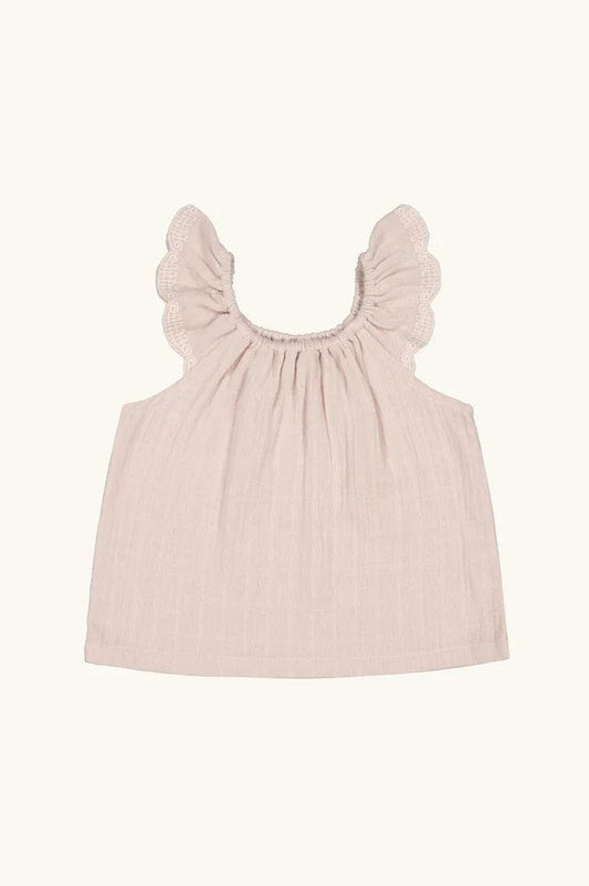 Light pink linen top with ruffled lace-trimmed sleeves, women's summer clothing