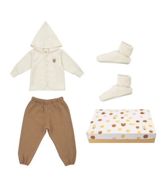 Neutral baby gift set with cream hooded jacket, brown pants, knit booties, and decorative box