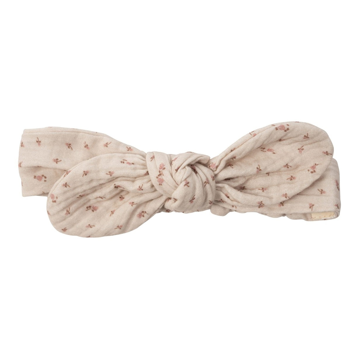 Muslin bow head band with pink flowers.