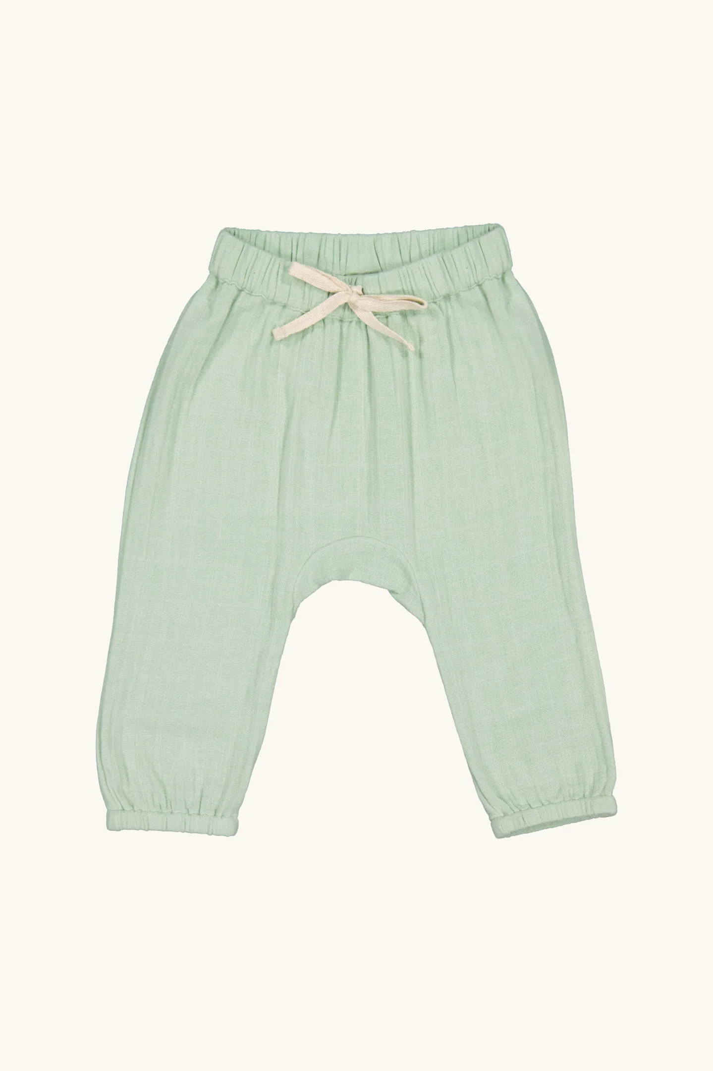 Sage cotton muslin pant with drawstring waist and elasticated ankle