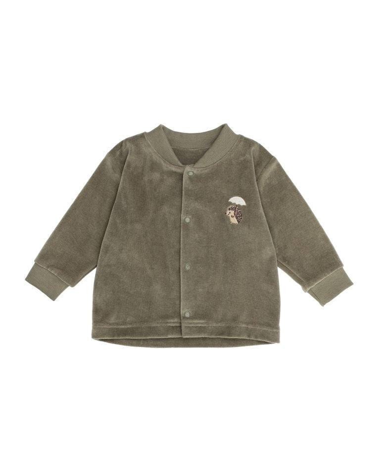 Embroidered velour khaki jacket with dome front.