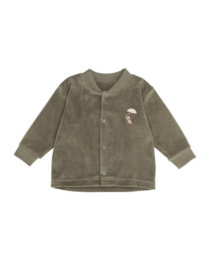Embroidered velour khaki jacket with dome front.