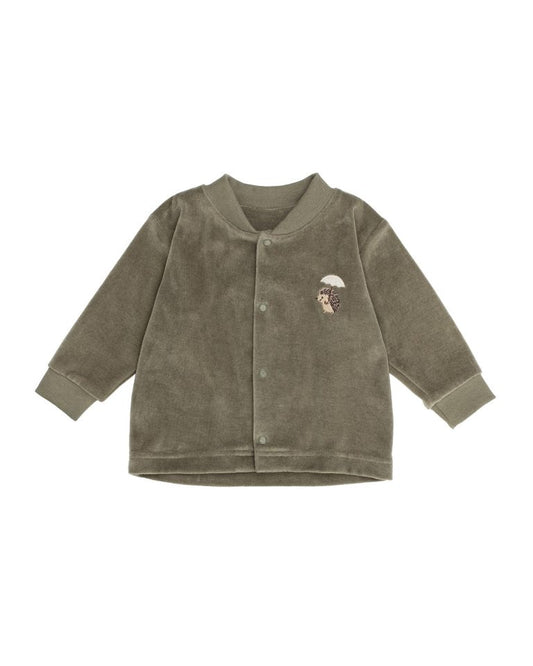 Embroidered velour khaki jacket with dome front.