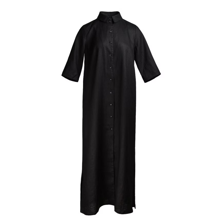 Long black maxi dress with collar and button down front.