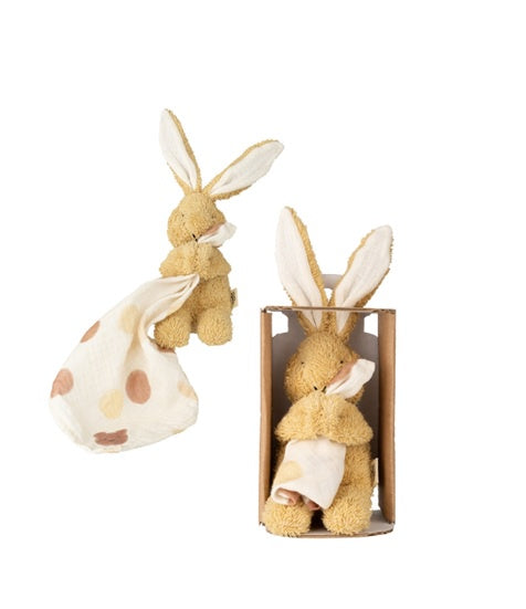 Muslin bunny soft toy with floppy ears and polka dot blanket, shown in gift box.