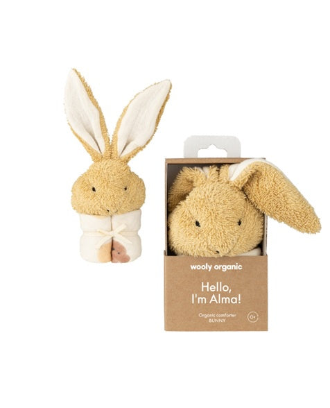 Plush muslin bunny toy with large ears, shown with eco-friendly box packaging.