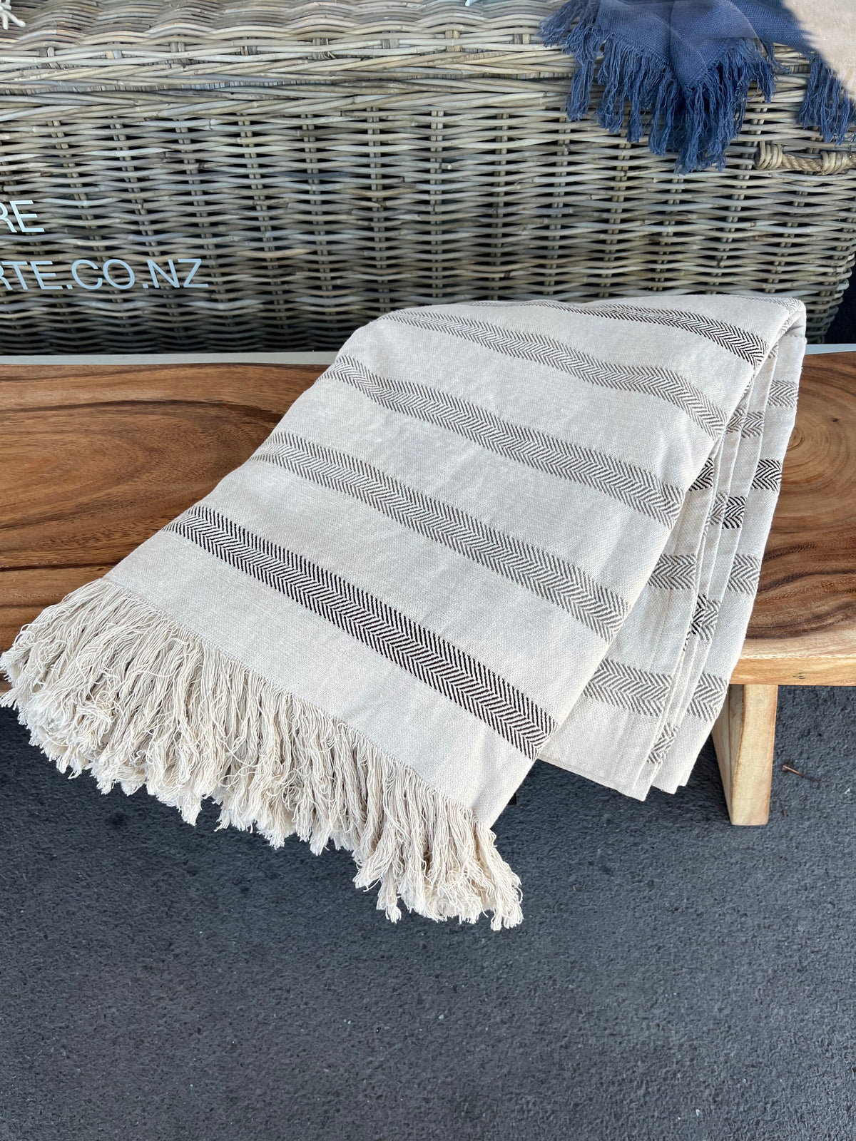 Linen/Cotton bed throw 217x200cm Natural Stripe