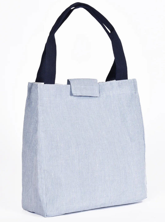 linen lunch bag with light blue stripes