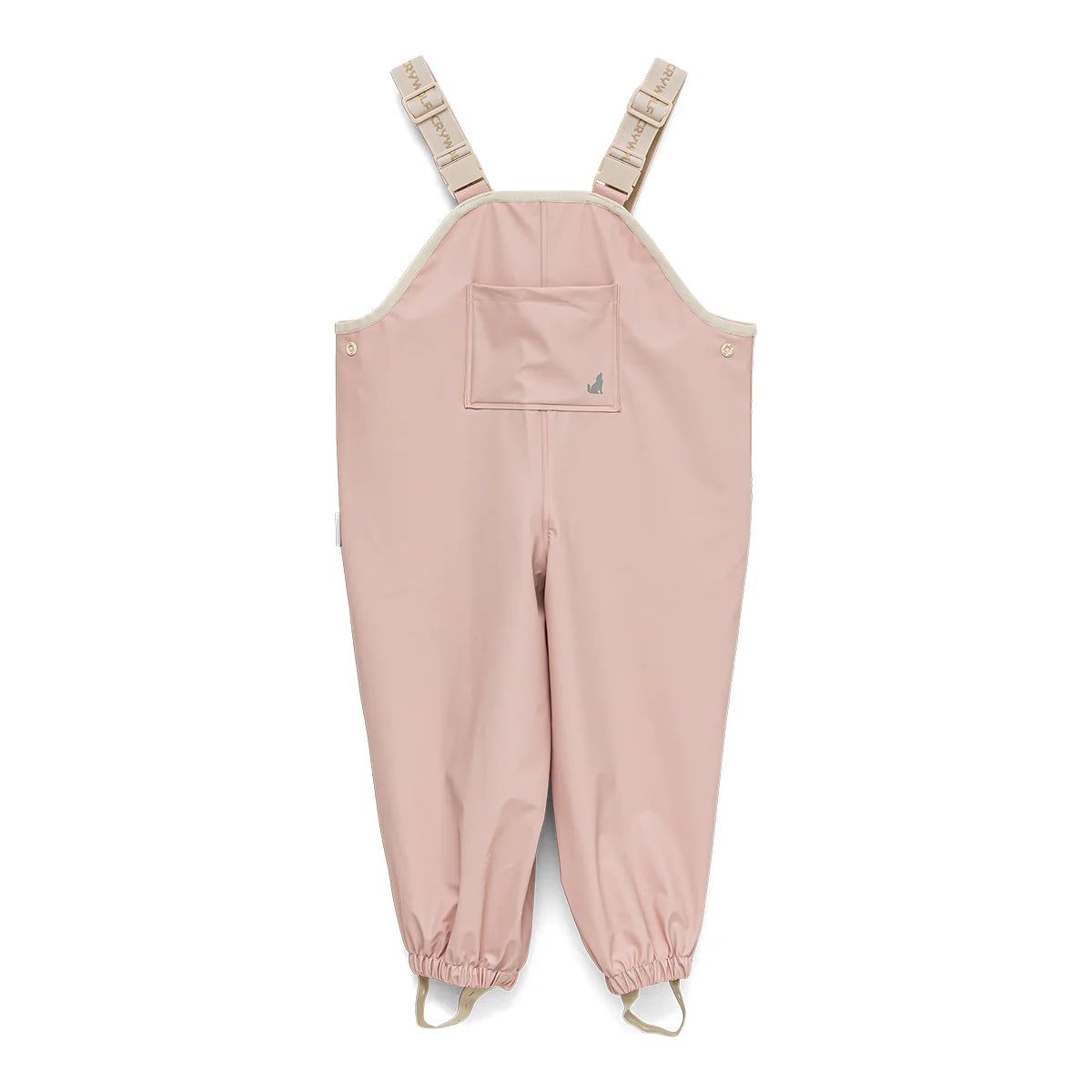 Front view of pink rain overalls with adjustable straps and chest pocket on white background