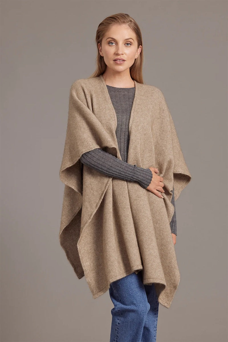 Possum and merino split front cape in natural mocha colour.