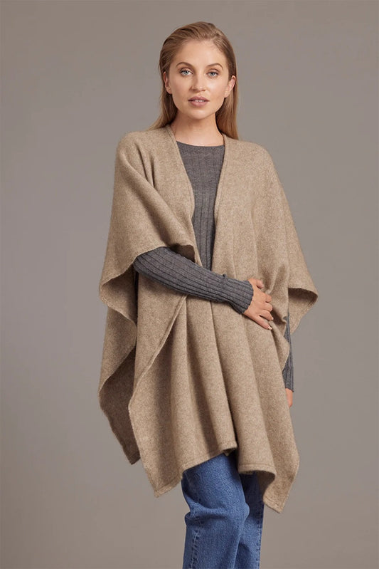 Possum and merino split front cape in natural mocha colour.