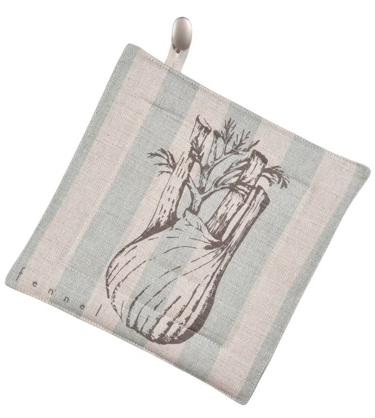 A square kitchen pot holder with a striped pattern in muted sage green and cream, featuring a central illustration of a fennel bulb and the word 'fennel' printed along the lower left edge.