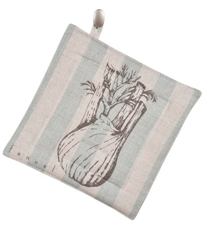 A square kitchen pot holder with a striped pattern in muted sage green and cream, featuring a central illustration of a fennel bulb and the word 'fennel' printed along the lower left edge.