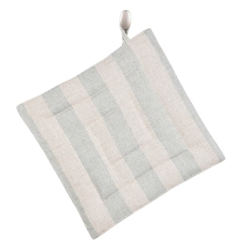 A square kitchen pot holder with a striped pattern in muted sage green and cream.