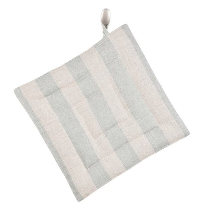 A square kitchen pot holder with a striped pattern in muted sage green and cream.