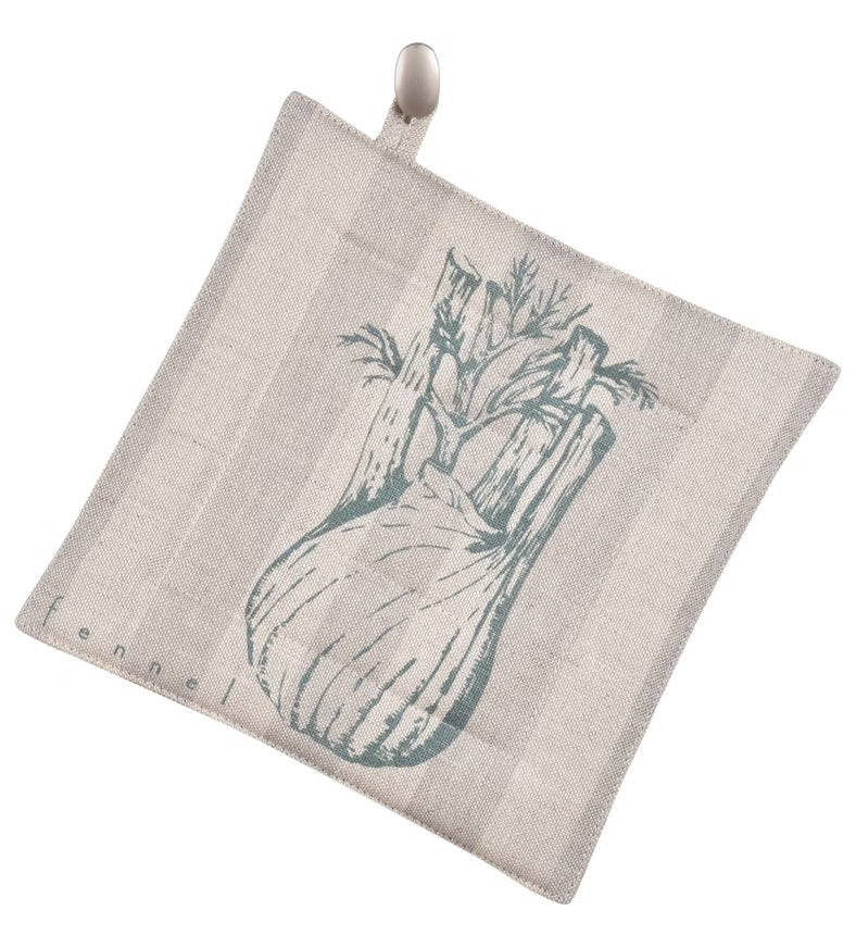 A square kitchen pot holder with a striped pattern in muted sage green and cream, featuring a central illustration of a fennel bulb and the word 'fennel' printed along the lower left edge.