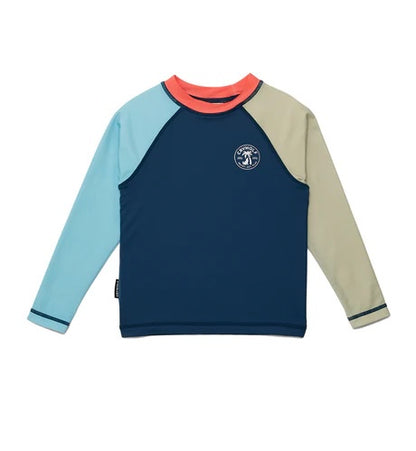 Kids' long sleeve colorblock rash vest with blue body, light blue and beige sleeves, coral neckline
