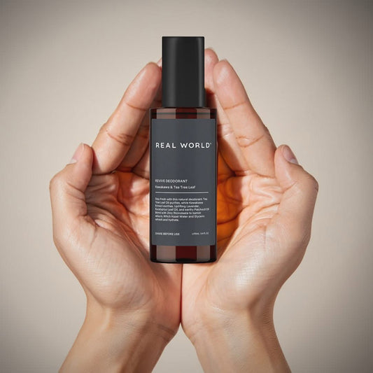 Real world natural deodrant held in hands.