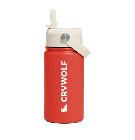 Red  drink bottle with crywolf logo.