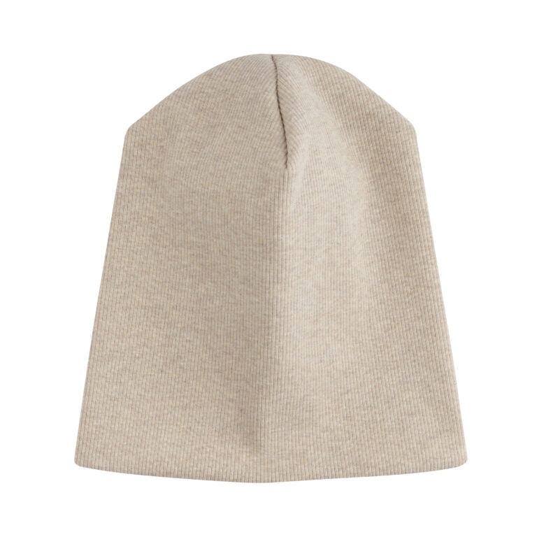 Beige ribbed knit beanie hat in melange wool, winter accessory on white background
