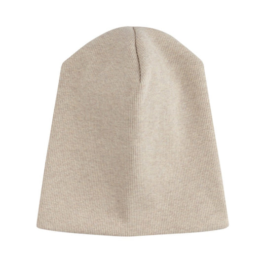Beige ribbed knit beanie hat in melange wool, winter accessory on white background