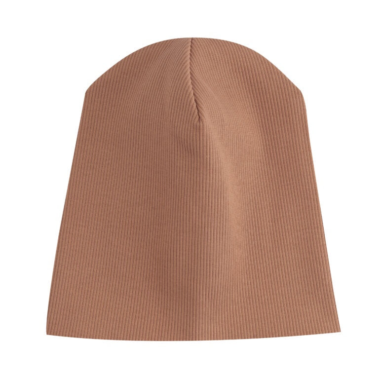 Terracotta ribbed beanie hat, knit texture, minimal style winter accessory